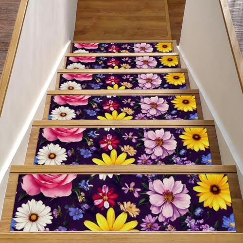 Tappetini per scale in legno, motivo floreale, 76,2 x 20,3 cm, antiscivolo, per interni, per cani, bambini, anziani, con adesivo riutilizzabile, confezione da 15