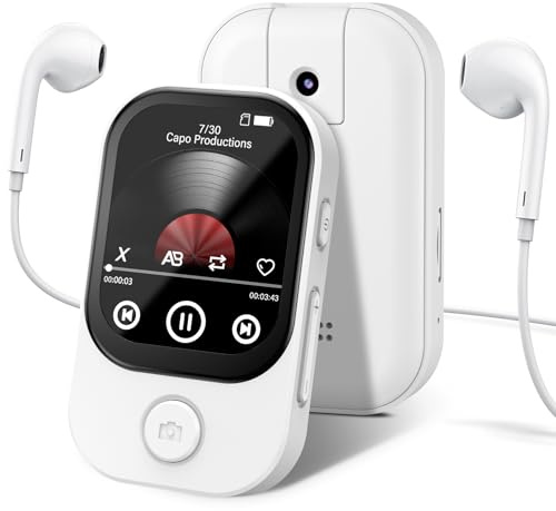 RWSRW 64Go Lecteur MP3 Bluetooth avec Appareil Photo Rabattable 180°, Mini Lecteur Musique HD, Haut-Parleur FM, Radio FM, Album Photo,Son Hi-FI, Liseuse e-Book, Sport Podomètre (Blanc)
