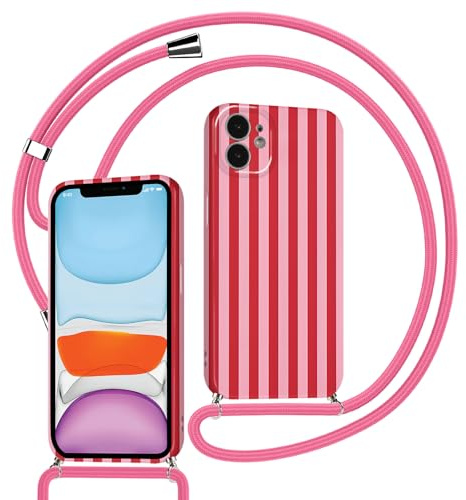 Kueqeay Handyband für iPhone 12 6,1'' Hülle mit Band Kette, Aesthetic Rosarot Gestreift Striped Motiv Verstellbarer Halskette Handyhülle mit Kordel zum umhängen Silikon Schutzhülle, 01