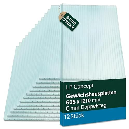 LP Projekt Gewächshauspaneele 605 x 1210 mm – Polycarbonat Gewächshausplatten 6mm mit 12er Pack | Doppelstegplatten mit UV beständigen und witterungsbeständigen hohlkammerplatten für Gewächshausdächer