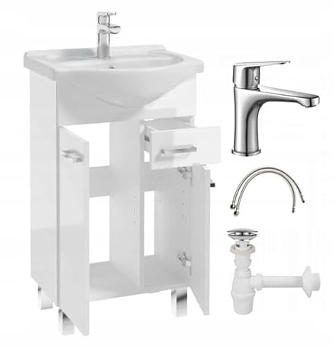 Deftrans set di mobili da bagno con lavandino a terra 85x50x30 cm, bianco lucido, mobiletto con lavandino e rubinetto ideale per piccoli bagni e servizi igienici per gli ospiti