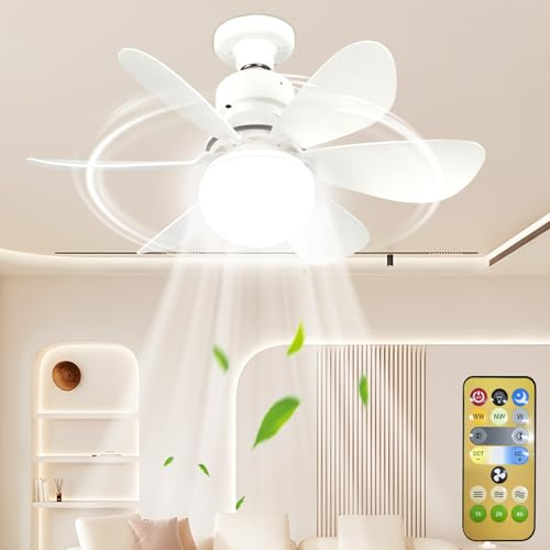 Ceiling Fan Light with Remote Control, E27 30W Dimmable Ceiling Fans Light | 3 Speed & 3 Color Temperature Small Ceiling Fans, 6 Blades Timing Fan Lights for Bedroom Kitchen Bathroom Living Room