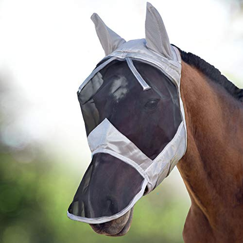 Harrison Howard CareMaster Pferde Fliegenmaske UV-Schutz Ohren und Nasenschutz Silber/Schwarz Warmblut (L)