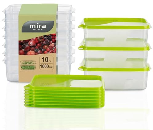 MiraHome Gefrierdosen 10x1L rechteckig grün – Vorratsdosen mit Deckel luftdicht – Transparente Frischhaltedosen mit Deckel – Aufbewahrungsbox Küche für Mealprep & Organisation – Austrian Quality
