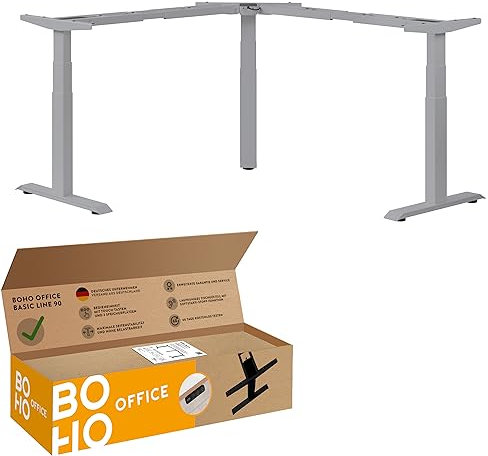 boho office® Höhenverstellbarer Schreibtisch Gestell - Elektrisch stufenlos, Eckschreibtisch mit 3 Motoren 50 mm/Sek, 3-Fach Teleskop, stabil, Memoryfunktion, Kollisionsschutz - Basic Line 90 Silber