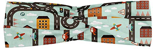ABAKUHAUS Car Race Track Headband, Cartoon Design Road Activity Circles Hot-Air Balloon Aeroplane Nursery, Elastic and Soft Women's Bandana for Sports and Everyday Use, Multicolor