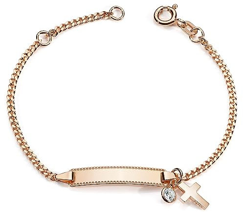Materia Kinder Armband Gravur Rosegold - 925 Silber Armkette vergoldet mit Kreuz Anhänger SA-120-Ohne Gravur