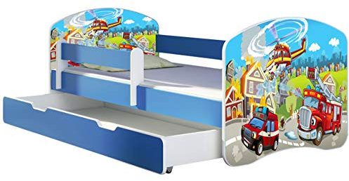 ACMA Kinderbett Jugendbett mit Einer Schublade und Matratze Blau mit Rausfallschutz Lattenrost II 140x70 160x80 180x80 (36 Feuerwehr, 140x70 + Bettkasten)