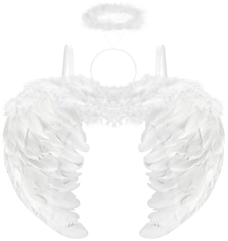 Ailes d'ange Blanc, Ailes et Auréole d'ange, Déguisement Ange, Serre Tete Ange, Halloween Costume Enfant, Costume de Fête pour Halloween Carnaval Mascarade Cosplay