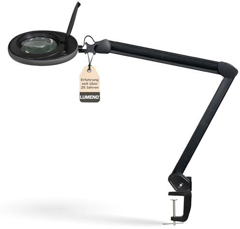 Lumeno LED Lupenleuchte 7213SW Lupenlampe mit 127 mm Echtglaslinse, Arbeitsplatzlampe, Kosmetiklampe, geeignet für Kosmetik, Bastler, Lesehilfe Vergrößerungslampe, 3 Dioptrien Schwarz