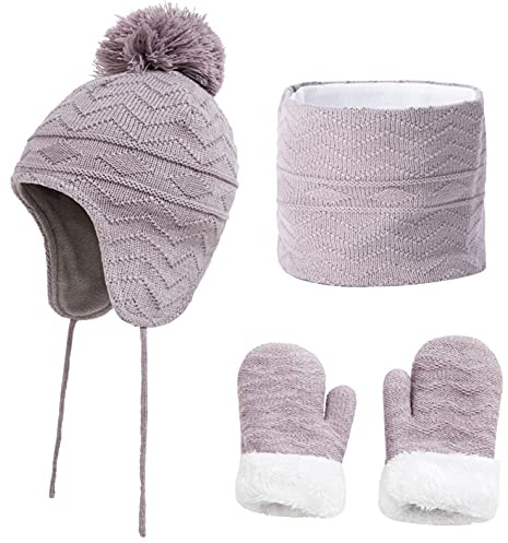 CheChury Kinder Mütze Schal Handschuhe Set Jungen Mädchen Strickmütze Mit Pompon Schlauchschal Baby Wintermütze Beanie Hut Schal Set Wintermütze Winterschal Innenfutter Kinder,Grau,S