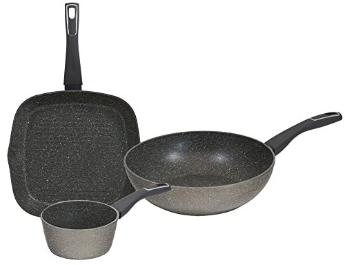 Pack Basic: Cazo 16x7.5cm 1.3l ; Sarten asador 28x28x4.5cm y Wok 28x7.2cm, en aluminio forjado, inducción, colección Mercury