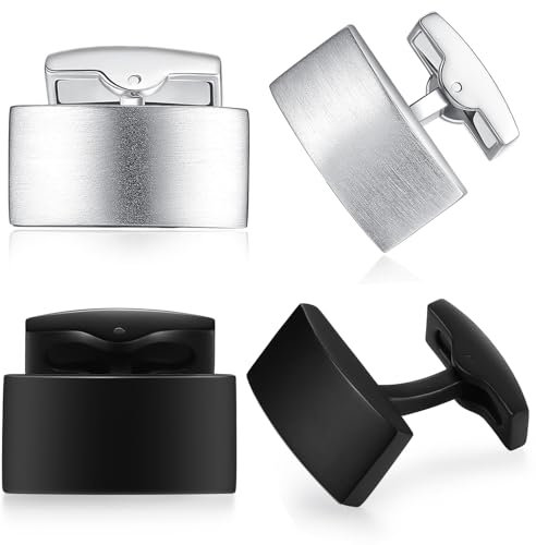 HONEY BEAR 2 Paar Herren Hochzeit Rechteck Manschettenknöpfe Cufflinks Set Edelstahl Manschettenknopf,Silber Schwarz (Mattschwarz+gebürstetes Silber mit Box)