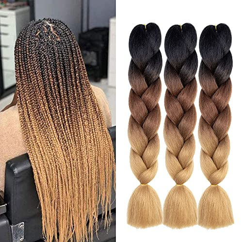 Extension Per Treccine Africane 3pc Jumbo Treccia Extension Capelli Fibra Sintetica Treccia Di Scatola Crochet Twist Braiding Hair (24zoll(3per Pack),Nero/Marrone Scuro/Marrone chiaro)