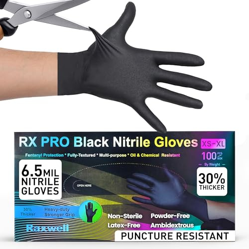 Raxwell Heavy Duty Disposable Nitrile Gloves - Chemical Resistant & Powder Free Nitrile Cooking Gloves - Textured Grip for Food Safe Prep - Versatile for Work & Cleaning - Medium, 100 Count, Black