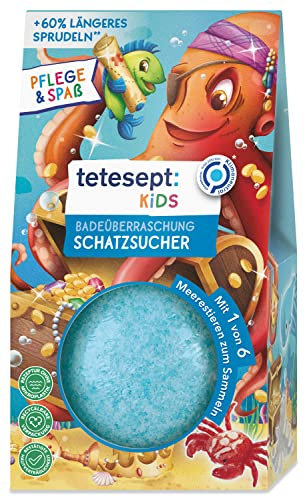 tetesept KIDS Badeüberraschung Schatzsucher – 6 x 183 g – Sprudelnde Badekugel mit Meerestier-Sammelfigur – Blauer Sprudelspaß und hautpflegende Rezeptur
