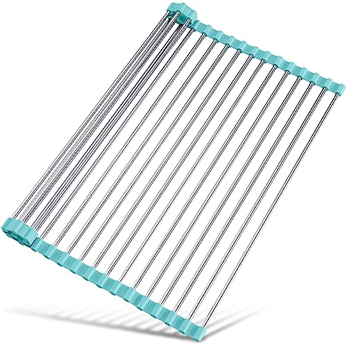 Tomorotec Escurridor de Platos Enrollable, para Colocar sobre el Fregadero, Accesorios para Fregadero de Cocina, Organizador Multiusos, escurridor Plegable de Acero Inoxidable 45x40 cm,Verde