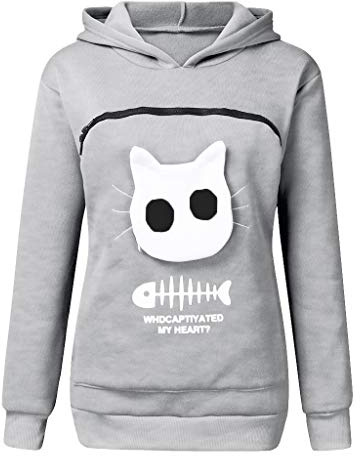 Damen Pullover Kapuzenpullover mit Katzen Hund Tasche Hundetasche Katze Sweatshirt Pulli Hoodie Kapuze Katzenpulli Beutel Langarm Winter