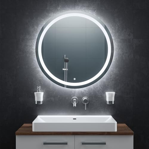 BR Bringer® LED Badspiegel Rund 80 cm Modell BRRS203 dimmbar Anti-Beschlag | Dimmbarer Badezimmerspiegel mit Beleuchtung - 3 Lichtfarben, Touch-Schalter, Anti-Beschlag und praktische Speicherfunktion
