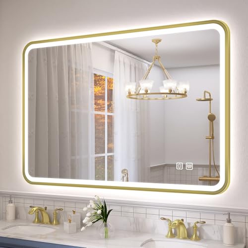 S'bagno Bathroom Mirror with LED Lights 1000x700 mm, Gold Aluminum Frame | Illuminated Bathroom Mirror, Demister Pad, 3 Colors, Dimmable, Memory, Tempered Glass, IP44 Waterproof, Portrait/Landscape