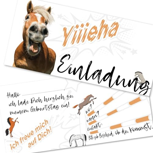 Kigebu 12 Pferde Einladungskarten | lustige Einladung zum Kinder-Geburtstag für Jungen Mädchen und Erwachsene | passend zu jeder Party (Pferd ohne Kuvert)