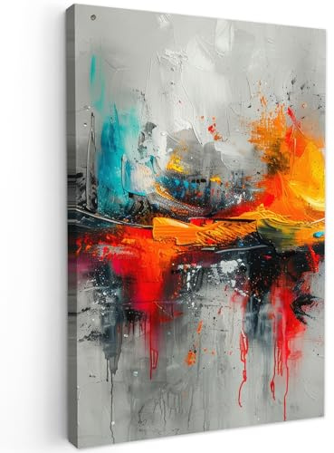MuchoWow© Leinwandbild Groß XXL Dekoration Wohnzimmer Bilder Pictures Wall | 80x120 cm - Decoration Living Room Wohnungs Deko Moderne Bild Modern - Kunst - Orange - Grau - Abstrakt