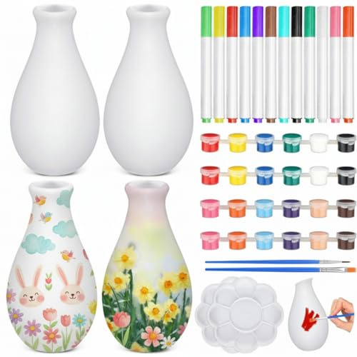 Singhoow 4-teiliges Set zum Bemalen Ihrer eigenen Porzellanvase, Kunstprojekt, weißes Keramik-Malset für Erwachsene, Porzellanvase, Dekorationsset mit Kunstbedarf, DIY, Basteln, Heimdekoration