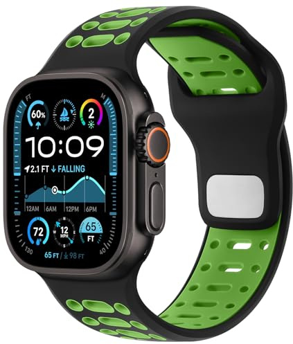 Amizee Compatible con Correa Apple Watch 49/46/45/44/42mm Mujer Hombres, Pulsera Deportiva Silicona Transpirable Correas para Apple Watch Ultra 3/2/1 Serie 11 10 9 8 7 6 5 4 SE3/2/1, Negro/Verde