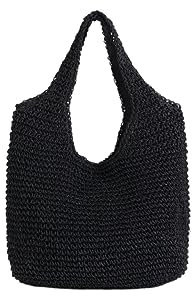 AYKANING Strohtaschen Damen,Korbtaschen Damen Gemüsekorb Gras Tasche Rebe Tasche Handgemachte Gewebte Kräutertasche Schulter Hand Hair Bag(Black)