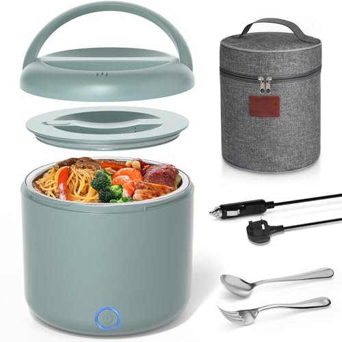 Vabaso Fiambrera eléctrica para adultos, 100 W, 1,2 L, portátil, con cubiertos y bolsa aislada, 12, 24, 230 V, 3 en 1, calefacción de alimentos, fiambrera térmica para coche, camión, hogar