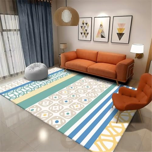 RUGMRZ Teppich Schlafzimmer Wohnzimmer Waschbar 80x150CM Klein blau Grüner stilvoller geometrischer waschbarer moderner