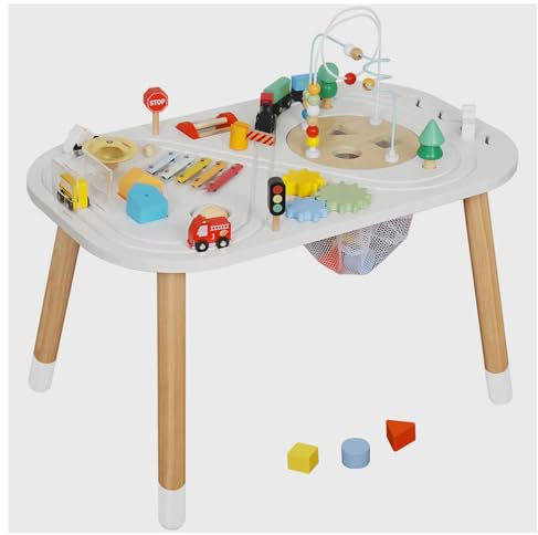 TikTakToo Interaktiver Aktivitätstisch für Kleinkinder, Holz, mit Verkehrsspielzeug, Motorikschleife, Xylophon, Motorikcenter