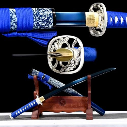78cm handgefertigtes Wakizashi,Klinge aus Manganstahl mit gegrillter blauer Handwerkskunst,Scheide aus massivem Holz mit Lack,echtes Samurai schwert zum Spielen,Rollenspielen,Requisiten,Kendo-Training