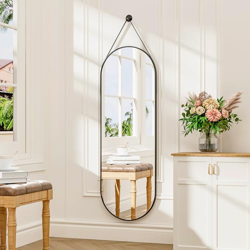 TinyTimes 48x16 Hanging Mirror Full Length with Leather Strap,Oval Full Length Mirror Wall-Mounted Hanging Mirrors for Bathroom Vanity Living Room Bedroom Entryway Décor, Black