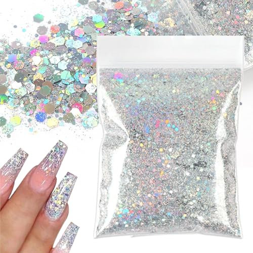 CJQRL 50g Glitter, Glitzer Basteln, Silber-weiß Glitzerpulver, Pailletten Reflektierend Glitter, Schminke Glitzerpuder, Glitzer für Nägel Gesicht Makeup Kartenbasteln Handwerk Nagelkunst
