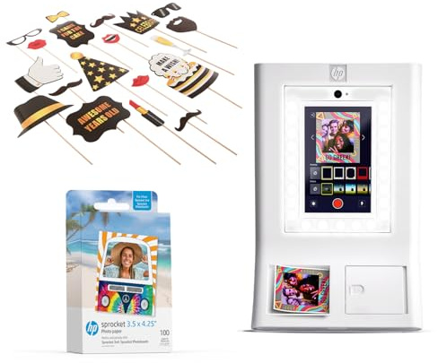 HP Sprocket Photo Booth Machine Instant Color Photo Printer (White) + Zink Paper (100 Sheets) + Birthday Party Photo Booth Props (25)