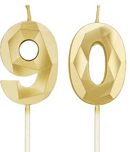 Bougies d'anniversaire en forme de chiffre 90 - Or 3D - Pour gâteaux, décoration d'anniversaire, pour fêtes, mariages, fêtes d'entreprise, anniversaires