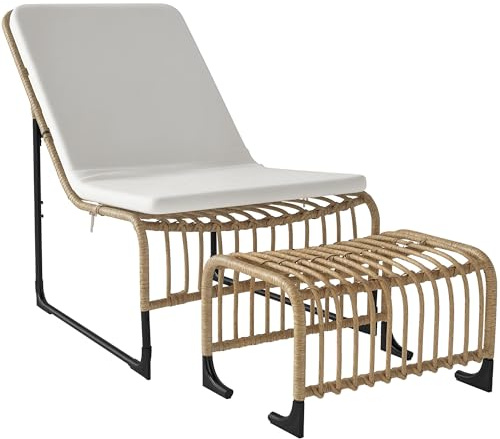 Outsunny Fauteuil de jardin en rotin avec repose-pieds - Résistant aux UV - Avec bandes de coussin - Chaise d'extérieur en rotin - Pour jardin, balcon, terrasse - Bois naturel