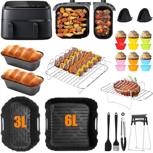29 stycken Airfryer tillbehör för Philips Airfryer Dual Basket 3000-serien 6L/3L – Philips Airfryer silikonform tillbehör – kakbrödform, grillrost, för Phillips Airfryer 3000-5000-serien Dual Basket