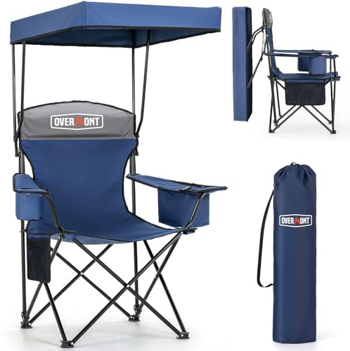 OVERMONT Camping Chair with Canopy Shade and Cooler - Support 150kg Oversized Folding Beach Chair with Umbrella- Cup Holder - Cool Bag - Lounge for Sand Travel Outdoor Pool Sports Blue