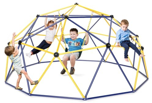 COSTWAY Klätterkupol med gunga, Ø 305 cm, klätterställning utomhus, stor, barnlekplats för gunga och klättring, kan belastas upp till 363 kg, för barn från 3 till 12 år (blå + gul)