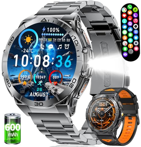 Montre Connectée Homme Militaire, 1.6 HD AMOLED/Appel Bluetooth/600mAh Batterie, Smartwatch Homme avec 100+ Modes Sport,Fréquence Cardiaque,Suivi du Sommeil,5ATM Étanche Android/iOS (Bracelet Double)