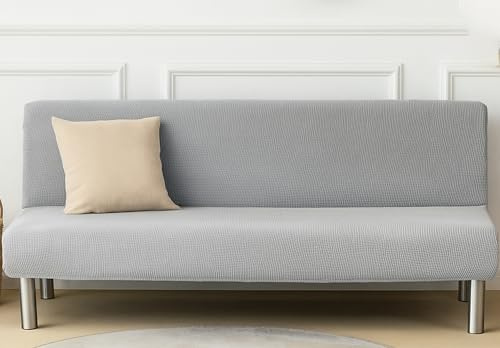 Sofabezug ohne Armlehnen, Stretch-Schonbezug für Klappsofa ohne Armlehnen, waschbarer Schutz für 2-/3-Sitzer, ideal für Haushalte mit Haustieren oder Kindern, 14 Farboptionen (Silbergrau, 150–190 cm)