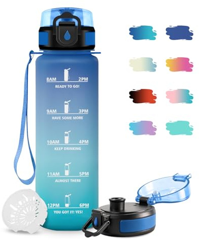 JAPORIA Gourde Sport 1L, Gourde avec Filtre, sans BPA, Étanche et Réutilisable, Bouteille d'eau de Motivation avec Marqueur de Temps, Bouteille Réutilisable pour l'école, Sport, Bureau, Yoga, Camping