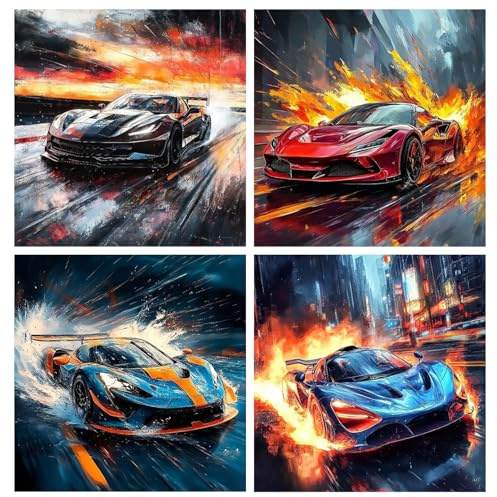Komergave 4 Stück Auto Poster, Leinwand Supersportwagen Wanddekoration, Wandbilder für Jungen Schlafzimmer, Spielzimmer, Wohnzimmer, Ohne Rahmen 30x20cm