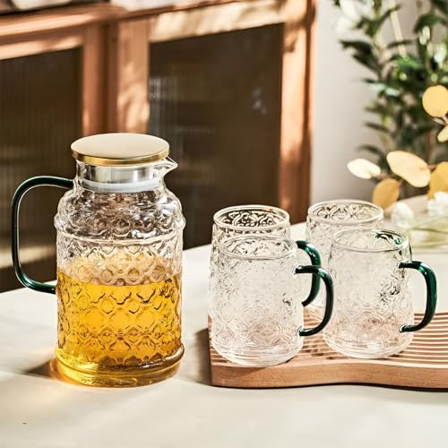 Hopeyhfm Glass Jug with Lid, Glass Pitcher, Borosilicate iced Tea Pitcher, Vintage Water Carafe Jug, Fridge-Friendly, for Iced Tea, Hot Cold Water, Wine, Coffee, Milk and Juice Beverage