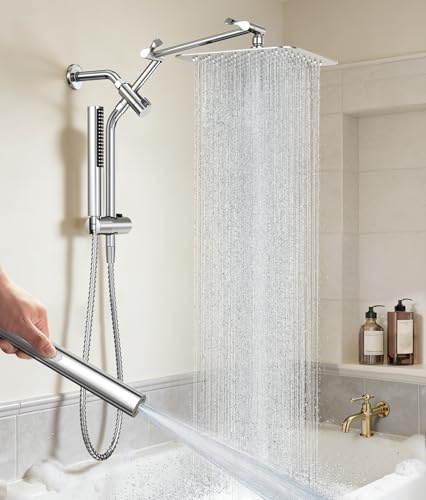 Veken All Metal 10 Shower Head with Handheld, Luxurious Square Double Rain Shower Heads,Power Wash Wand,Dual High Pressure Detachable Rainfall Showerhead with Spray Combo,Extension Arm,Chrome,Sliver