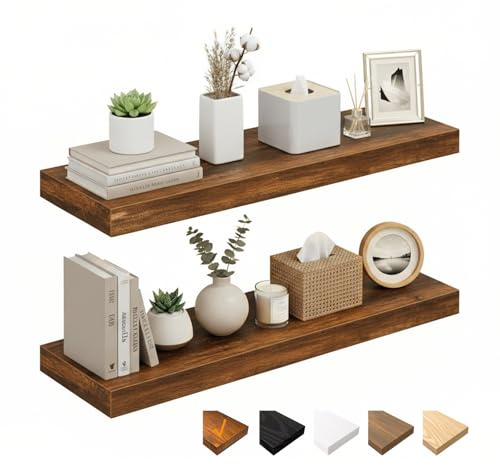 RICHER HOUSE Set med 2 flytande vägghyllor i trä på 60 cm med osynliga fästen för badrum, sovrum, kontor, vardagsrum, kök (brun, 60 x 23,5 x 3,8 cm)