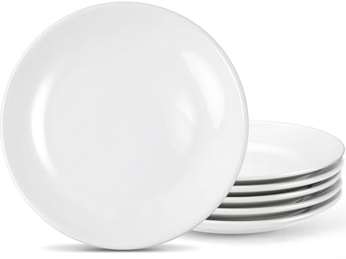 Kinmsito Set of 6 17.8 Cm Flache Teller, Weißer Runder Salatteller | Porzellan Speiseteller für Spülmaschine and Mikrowelle, für Haushalt and Gastronomie