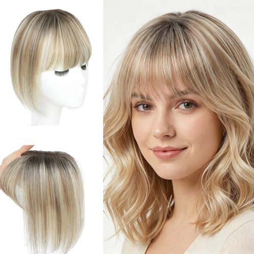 Haartopper Echthaar Oberkopf Damen, Haarteile Echthaar Mit Pony, Clip in Haarverlängerungen, Natürliche Passform, Flauschig und Glatt, Geeignet für Spärliches Haar